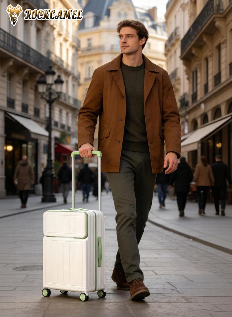 ROCKCAMEL 20-Inch Wide Handle Carry-On Luggage, Front Open Suitcase with USB Port, Hooks & Cup Holder, Built-Laptop Compartment, Large Capacity Luggage for Student Travel, Business Trips (White & Green) - Image 3